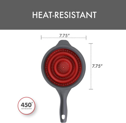 Dexas Pop N Store Collapsible Strainer, 8-Inch, Red, 1.3 Quarts Capacity, Dishwasher Safe, Space-Saving Design
