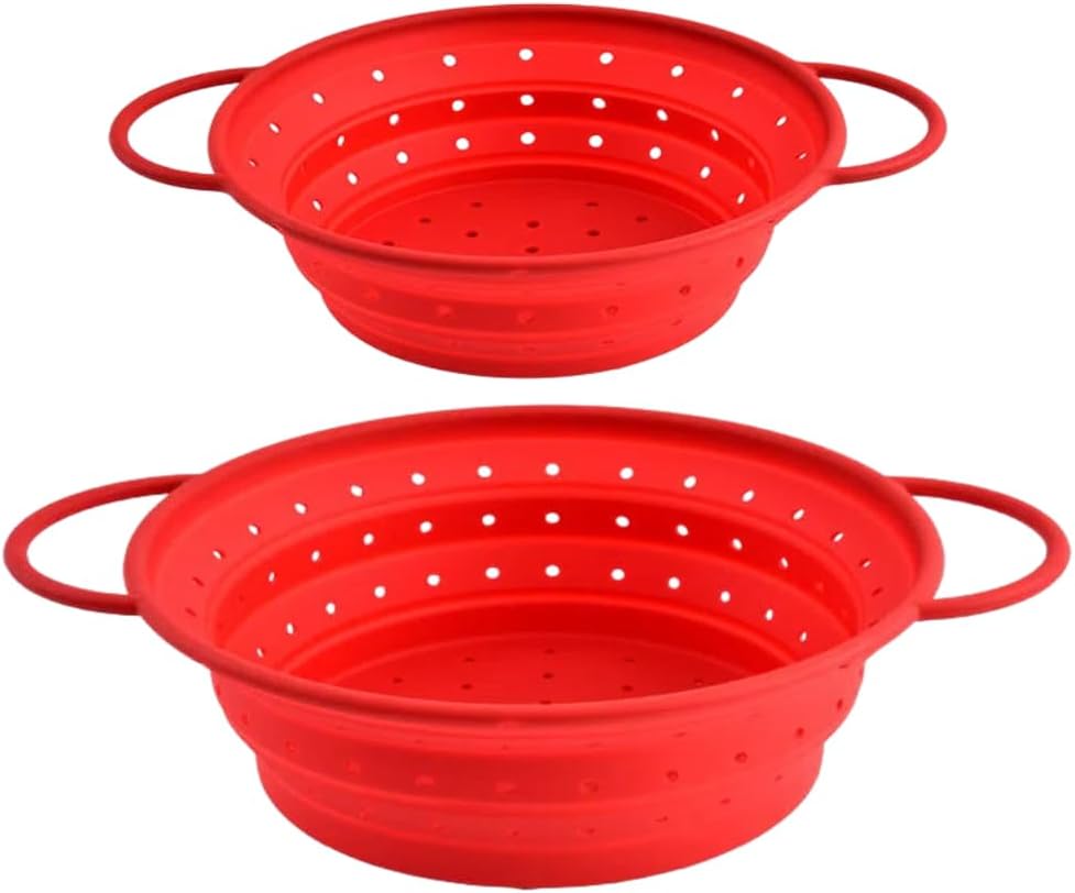 Collapsible Silicone Colander with Handles, Round Strainer with Stainless Steel Rim, Space Saving Kitchen Tool for Fruits & Vegetables,BPA-Free,Heat-Resistant Pasta Drainer(White, L)