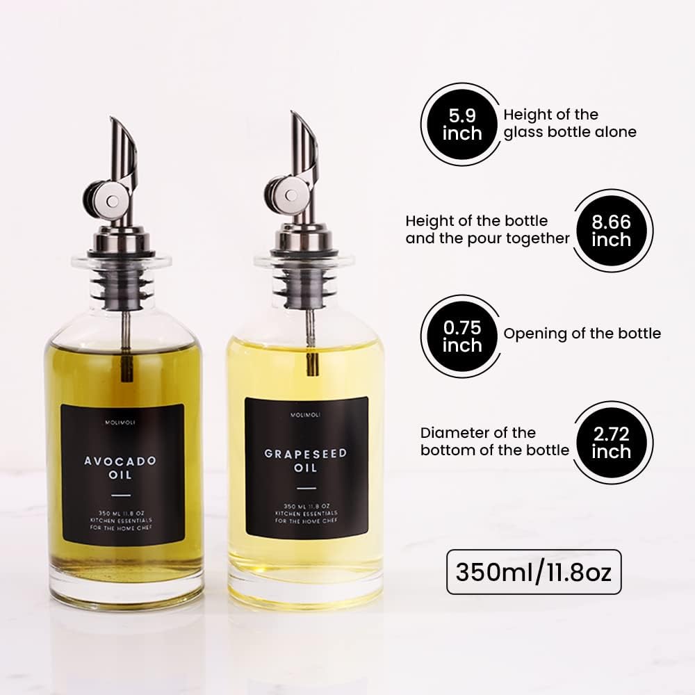 Molimoli - Premium Olive Oil Dispenser Bottles for Kitchen with Pourer - Oil and Vinegar Dispenser Set, Glass Dispenser for Kitchen, Dispenser Bottle of 350ml - Set of 2