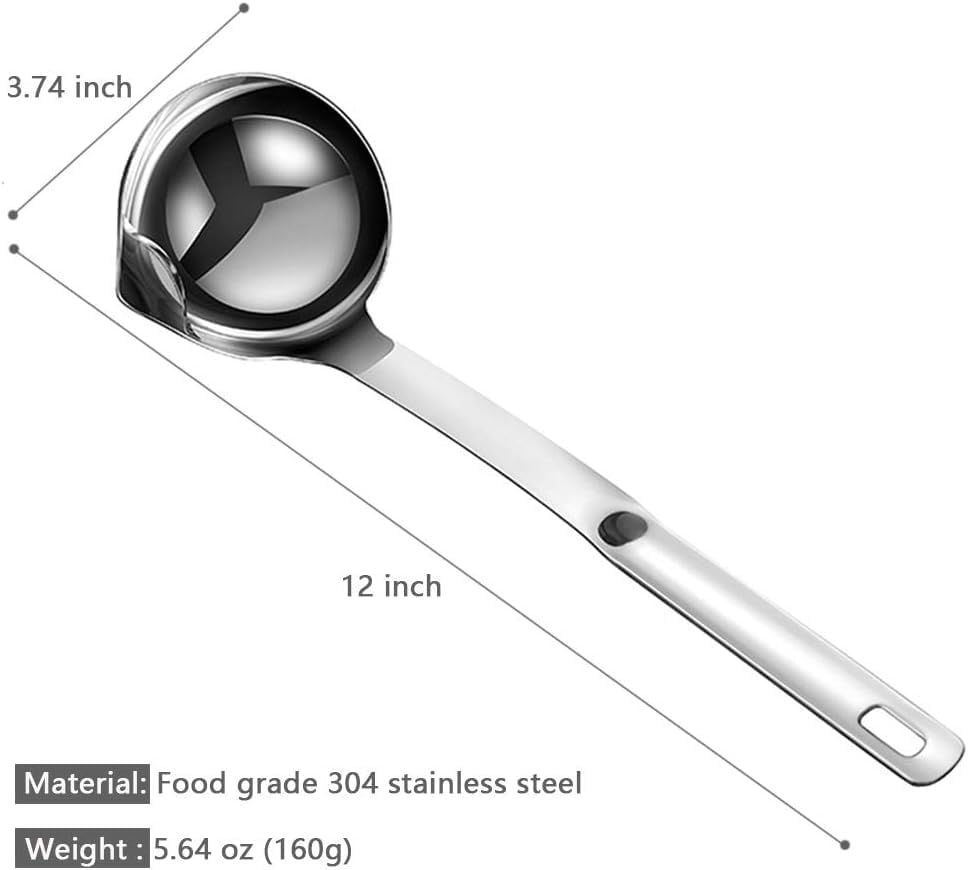 Fat Separator, Premium 304 Stainless Steel Oil Separator Soup Ladle Gravy Separator Skimmer with Hanging Hole, Kitchen Cooking Fat Remover Strainer Spoon for Soups, Sauces, Stews, 1 Pcs, 12 Inch