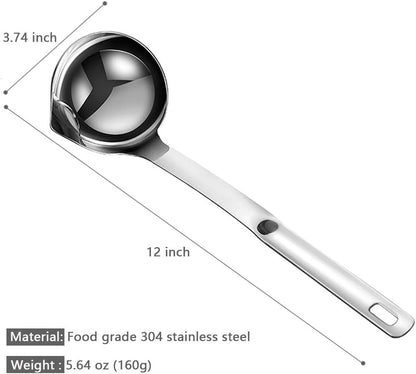 Fat Separator, Premium 304 Stainless Steel Oil Separator Soup Ladle Gravy Separator Skimmer with Hanging Hole, Kitchen Cooking Fat Remover Strainer Spoon for Soups, Sauces, Stews, 1 Pcs, 12 Inch