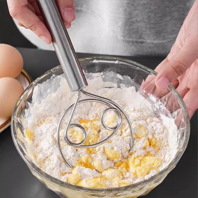 2 Pack Stainless Steel Dough Whisks for Baking, Hand Mixer for Bread, Pizza, Pastry - Ergonomic Design for Easy Kneading & Blending