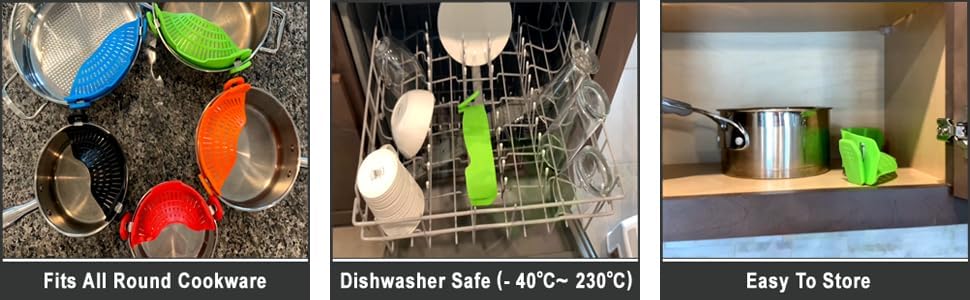 Clip On Strainer Silicone Pots and Pans, Pasta Strainer Clip on Food Strainer for Meat Vegetables Fruit Silicone Kitchen Colander, Green