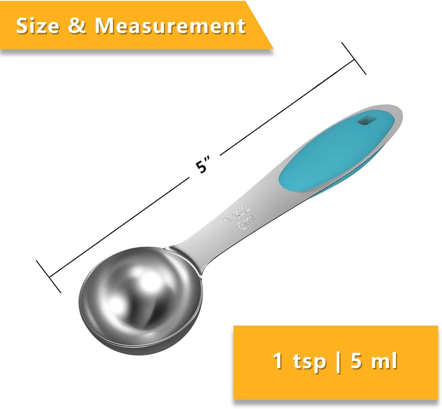 LEIFENY 2PCS 1 Tsp(1/3tbsp, 1/6oz, 5ml) Single Measuring Spoon with Blue Silicone Grip, Stainless Steel Individual Measure Scoop Only