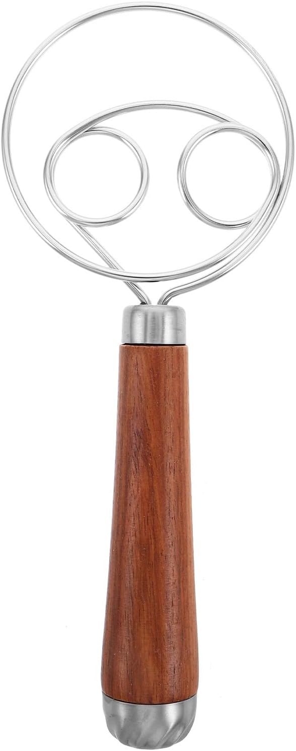 PRETYZOOM Danish Dough Whisk Stainless Steel Bread Mixing Tool with Wooden Handle for Sourdough Baking and Kitchen Cooking