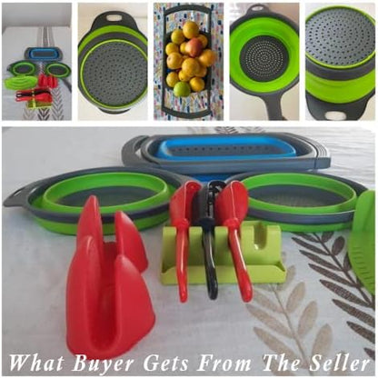 BaraBara 10 pcs Silicone Telescopic Collapsible Strainers with Handles, Foldable Bowl, Clip on Drainer. Green Spoon Rest, 3 ladle Masher Spoons. Silicone Gloves Heat Resistant Bundle Cooking Set.