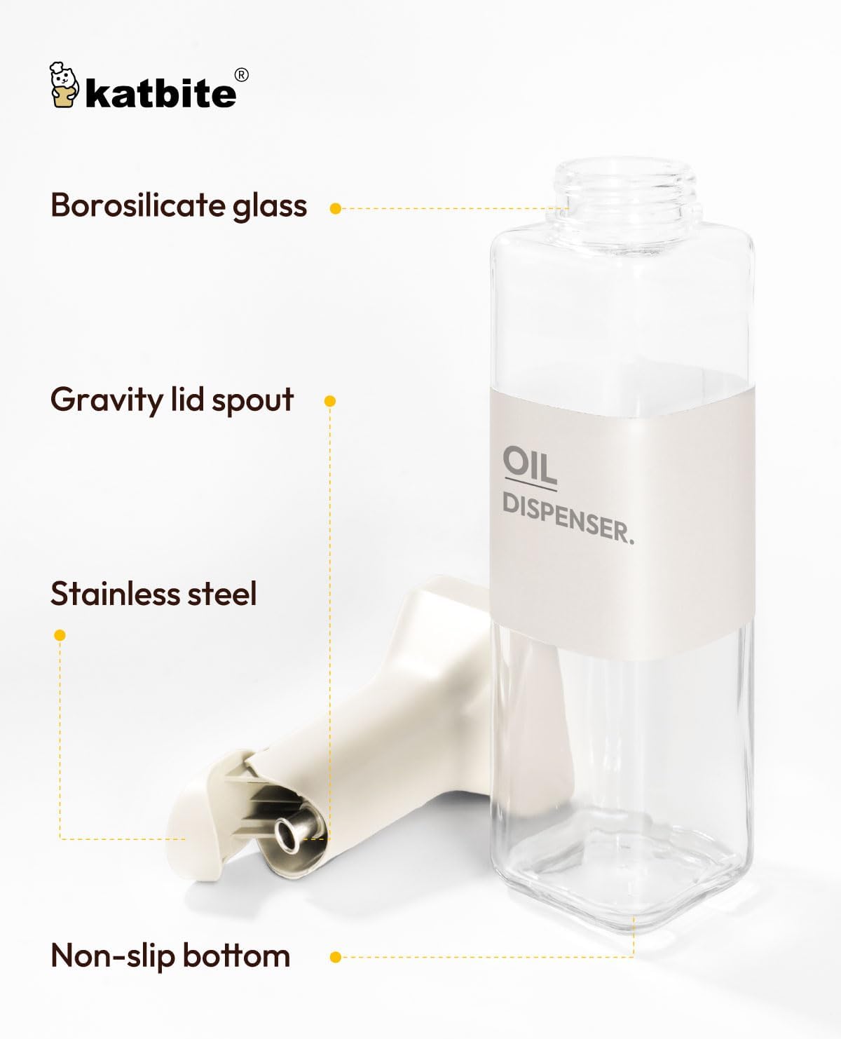 katbite 16oz Glass Olive Oil Dispenser Bottle for Kitchen Cooking - Leakproof Kitchen Essential with Precise Pouring Spout for Salad, Air Fryer, BBQ, Non-Stick Pans, Easy Refill and Use, Light Grey
