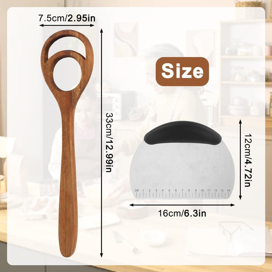 2 Pack 13 Inch Danish Dough Whisk, One-Piece Solid Wood Sourdough Mixing Tool for Bread Dough, Pizza and Pancake Batter, Hand Mixer with Dough Cutter