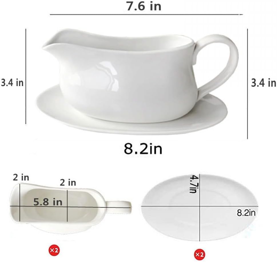 17oz Gravy Boat with Saucer Stand, Set of 1, Ceramic Sauce Boat with Tray for Salad Dressings,ketchup， Creamer, Broth, Black Pepper, White