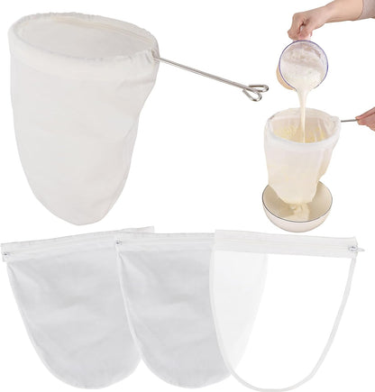 5 Pcs Premium Ultra Fine Mesh Strainer Bags with Stainless Steel Handle, Reusable Nut Milk Bags, Cheese Cloths for Straining Juice, NutMilk, Coffee, Thai Tea, Yogurt and Soup (Medium)
