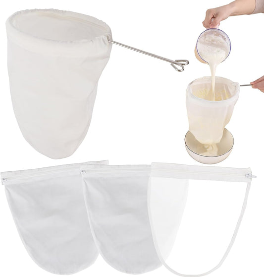 5 Pcs Premium Ultra Fine Mesh Strainer Bags with Stainless Steel Handle, Reusable Nut Milk Bags, Cheese Cloths for Straining Juice, NutMilk, Coffee, Thai Tea, Yogurt and Soup (Medium)