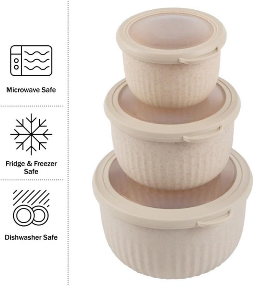 Set of 3 Bowls with Lids - Microwave, Freezer, and Fridge Safe Nesting Mixing Bowls - Eco-Conscious Kitchen Essentials by Classic Cuisine (Beige), S, M, L