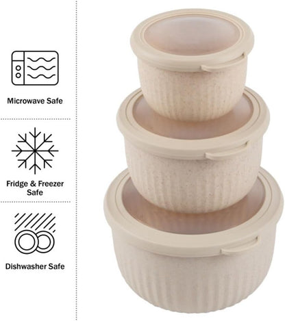 Set of 3 Bowls with Lids - Microwave, Freezer, and Fridge Safe Nesting Mixing Bowls - Eco-Conscious Kitchen Essentials by Classic Cuisine (Beige), S, M, L