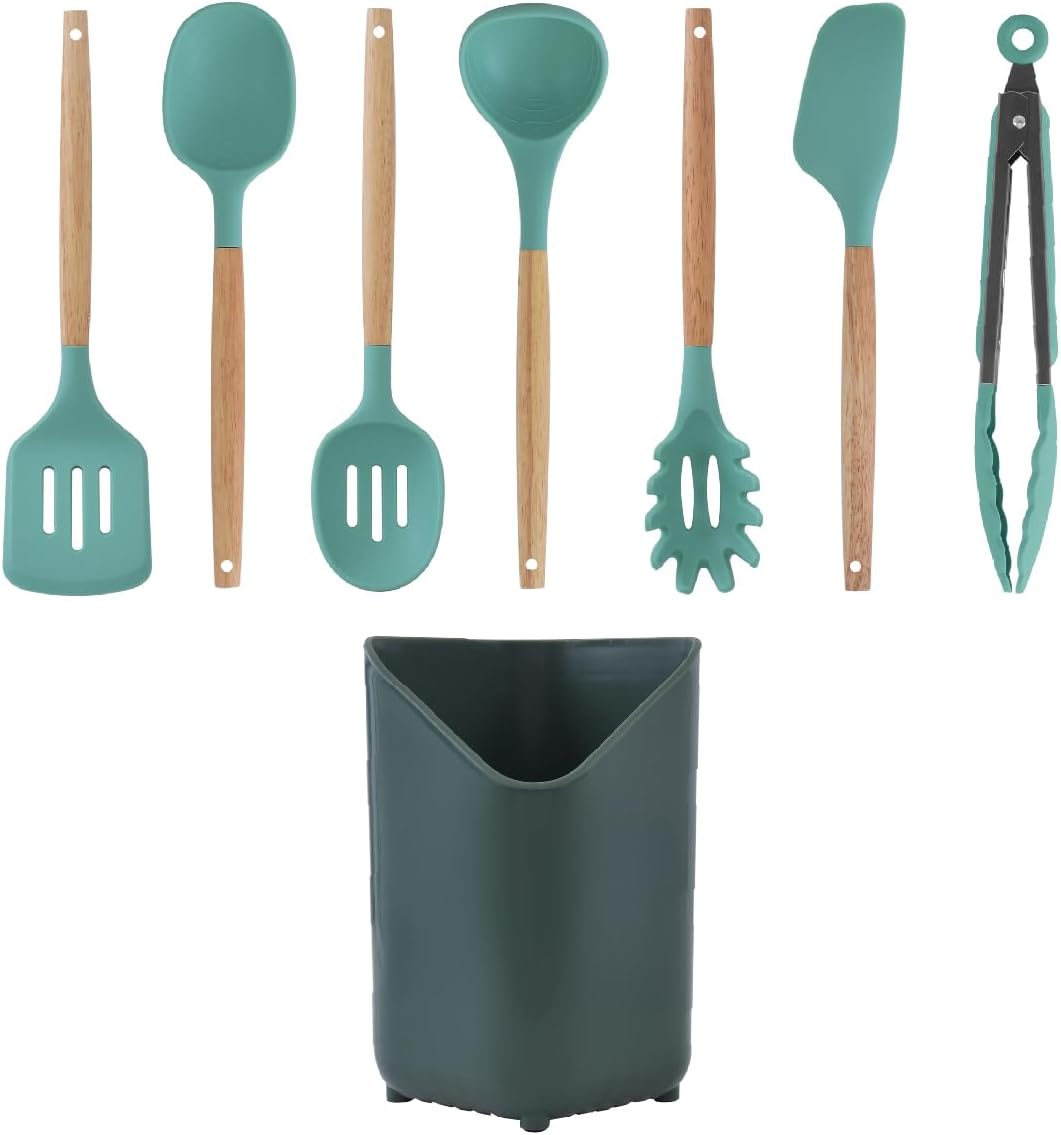 Glad Silicone Kitchen Utensils Set, 8pcs - Nonstick Cooking Tools with Wooden Handles and Utensil Holder - Spatula Set with Turner, Ladle, Spoons, Tongs, and Spaghetti Server - Beige