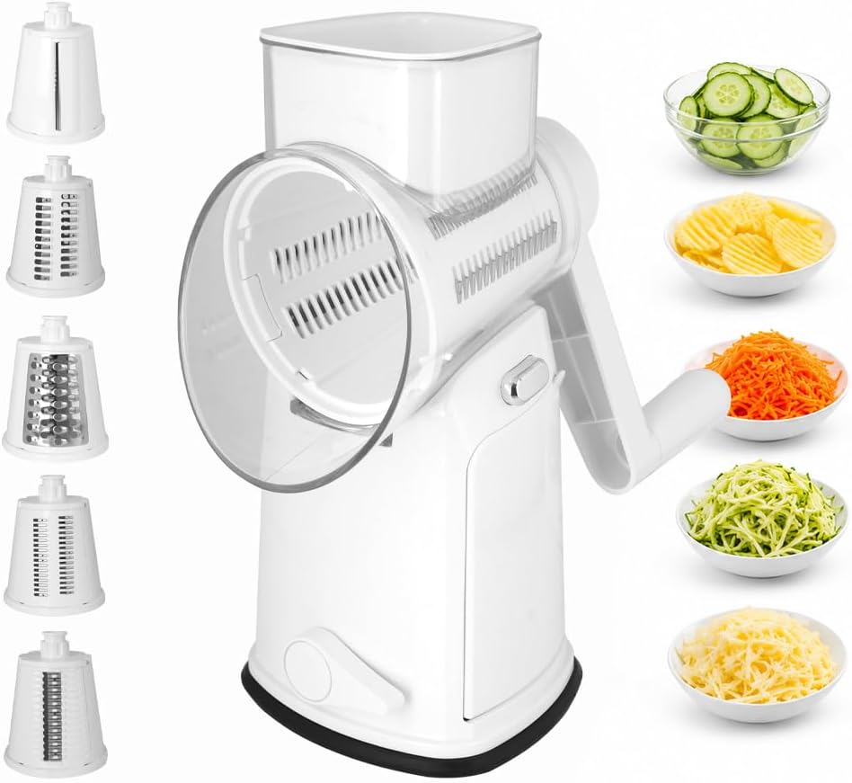 Rotary Cheese Grater Hand Crank, 5 In 1 Shredder with Handle, Vegetable Slicer Mandoline Food Chopper, Strong Suction Base Kitchen Gadget for Cheese Vegetables Nuts – White