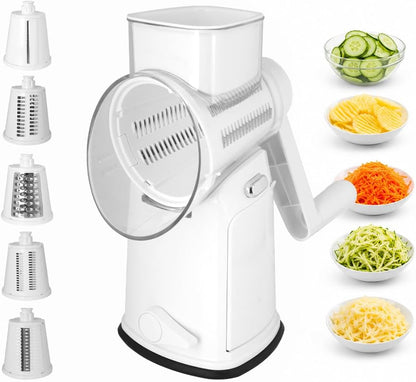 Rotary Cheese Grater Hand Crank, 5 In 1 Shredder with Handle, Vegetable Slicer Mandoline Food Chopper, Strong Suction Base Kitchen Gadget for Cheese Vegetables Nuts – White