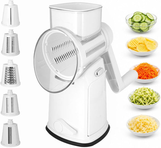 Rotary Cheese Grater Hand Crank, 5 In 1 Shredder with Handle, Vegetable Slicer Mandoline Food Chopper, Strong Suction Base Kitchen Gadget for Cheese Vegetables Nuts – White