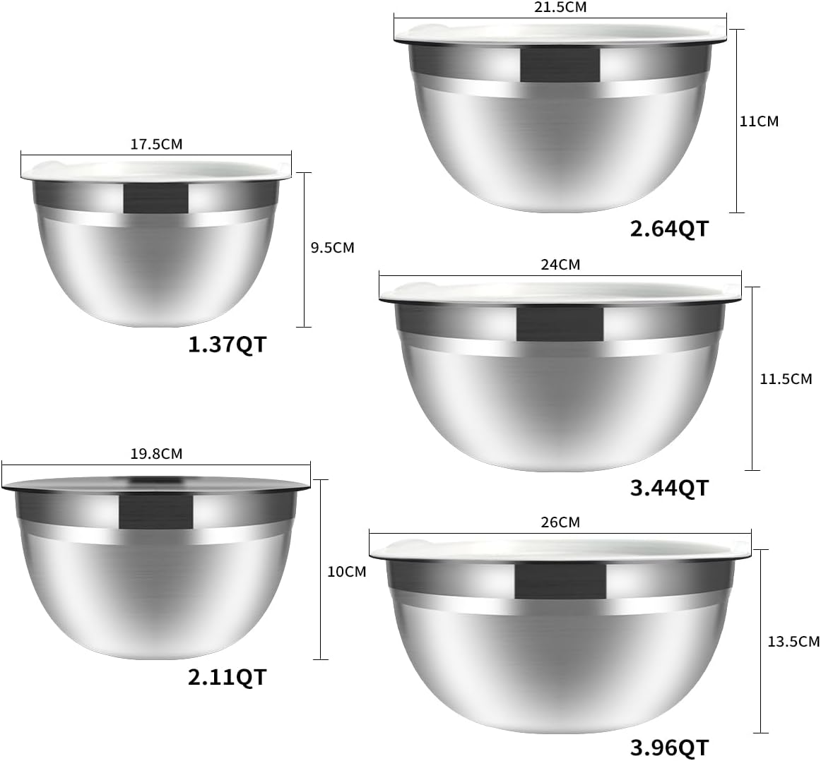 Mixing Bowls, 5Pcs Stainless Steel Mixing Bowl Set, Utensils for the Kitchen, Multifunctional, Stackable, Dishwasher Safe, 3.75L / 3.25L / 2.5L / 2L / 1.3L (With lid)