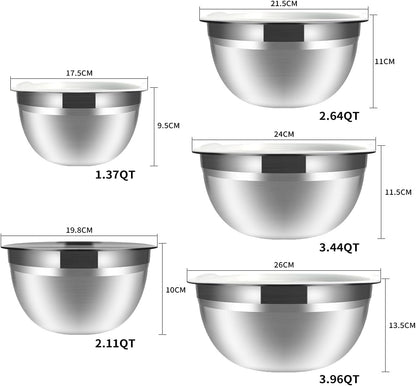 Mixing Bowls, 5Pcs Stainless Steel Mixing Bowl Set, Utensils for the Kitchen, Multifunctional, Stackable, Dishwasher Safe, 3.75L / 3.25L / 2.5L / 2L / 1.3L (With lid)