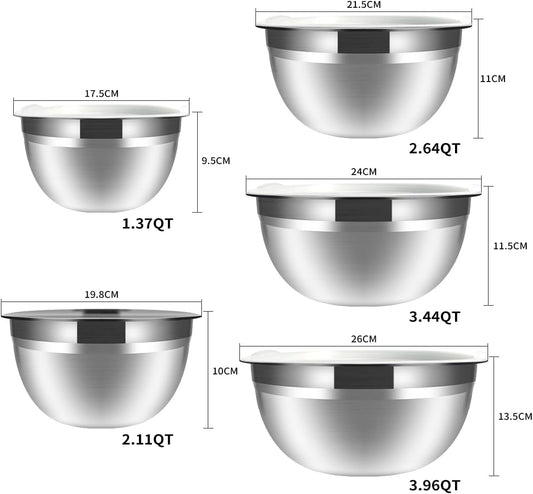 Mixing Bowls, 5Pcs Stainless Steel Mixing Bowl Set, Utensils for the Kitchen, Multifunctional, Stackable, Dishwasher Safe, 3.75L / 3.25L / 2.5L / 2L / 1.3L (With lid)