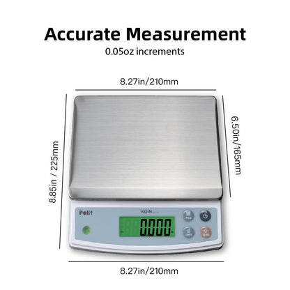 Polit Digital Kitchen Scale KT-66 30lb/13kg｜0.05oz/1g Precision Food Scale with LCD Display｜Battery or Plug-in｜Stainless Steel Top｜Grams, Ounces, Pounds｜5 Units for Baking, Farming & Shipping Scale