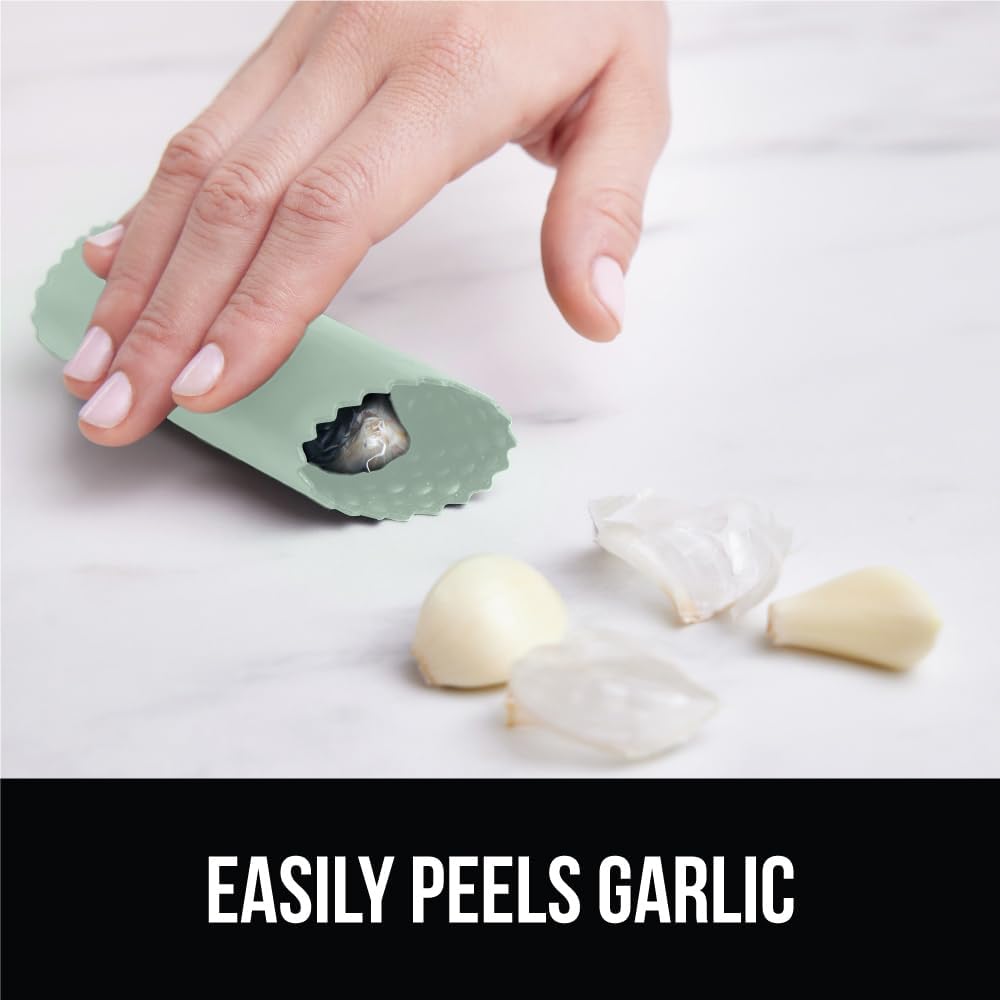 GORILLA GRIP Garlic Press and Peel Set, Heavy Duty Mincer Tool, Large Ergonomic Handle, Easily Mince and Crush Garlics, Ginger, Nuts, Seeds, Peeler Included, Peeling Cloves, Kitchen Gadgets, Red