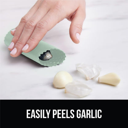 GORILLA GRIP Garlic Press and Peel Set, Heavy Duty Mincer Tool, Large Ergonomic Handle, Easily Mince and Crush Garlics, Ginger, Nuts, Seeds, Peeler Included, Peeling Cloves, Kitchen Gadgets, Red