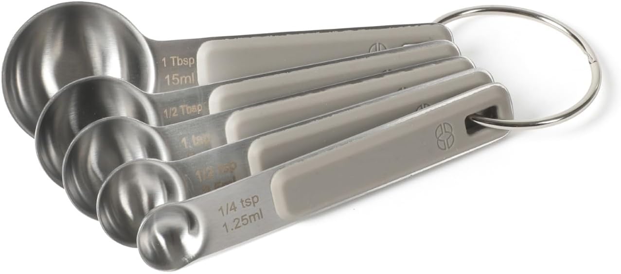 Calphalon Prime Measuring Spoons, Plastic Measuring Spoon Set, 5-Piece Stainless Steel Measuring Spoons Navy Silicone Handle Accurate, Durable for Spices and Small Portions