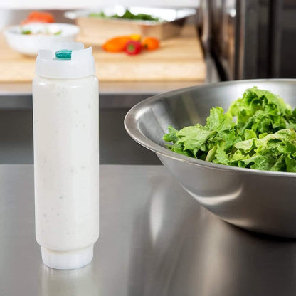 FIFO Squeeze Bottle Refillable 16 oz | Green Tip Small Valve Dispenser for Thin Condiments, Sauces, Batter and Dressing | Self Sealing No Drip No Hassle | (12 Pack)