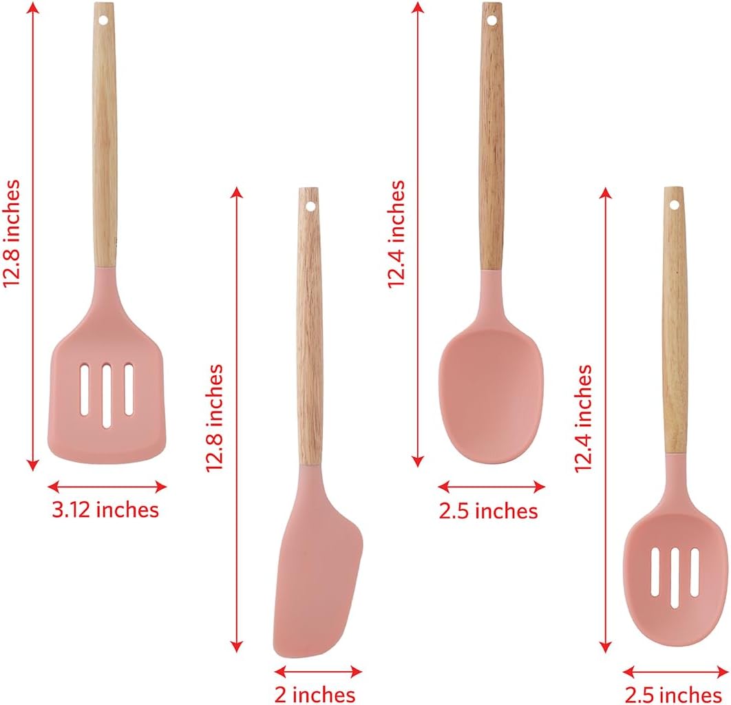 Glad Silicone Kitchen Utensils Set, 8pcs - Nonstick Cooking Tools with Wooden Handles and Utensil Holder - Spatula Set with Turner, Ladle, Spoons, Tongs, and Spaghetti Server - Beige