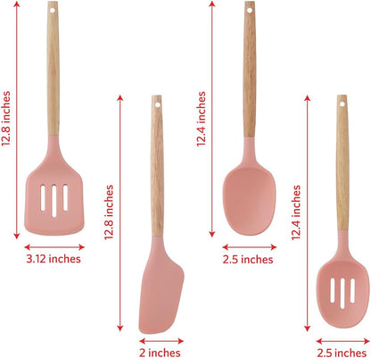 Glad Silicone Kitchen Utensils Set, 8pcs - Nonstick Cooking Tools with Wooden Handles and Utensil Holder - Spatula Set with Turner, Ladle, Spoons, Tongs, and Spaghetti Server - Beige