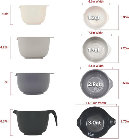 Glad Mixing Bowls with Pour Spout, Set of 4 - Nesting Plastic Bowls (1.2qt, 1.9qt, 2.8qt, and 3qt with Handle) - Non Slip Base, Dishwasher Safe Kitchen Cooking and Baking Supplies, Grey