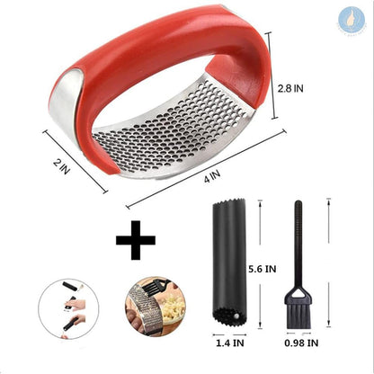 Angel's Peel Lounge Stainless Steel Garlic Press Rocker Set with Silicone Garlic Peeler & Cleaning Brush – Garlic Chopper, Mincer, Grater, Crusher – Easy for Crushed Cloves – Rust-Resistant, Black