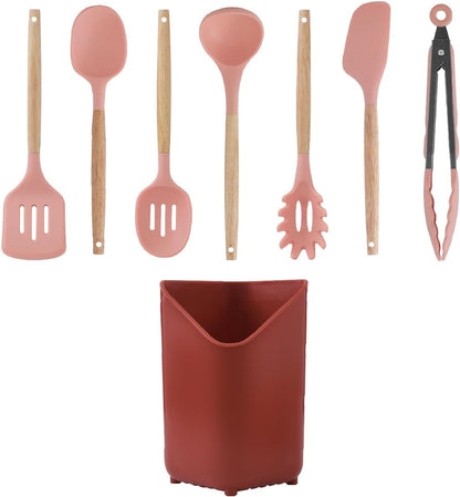 Glad Silicone Kitchen Utensils Set, 8pcs - Nonstick Cooking Tools with Wooden Handles and Utensil Holder - Spatula Set with Turner, Ladle, Spoons, Tongs, and Spaghetti Server - Beige