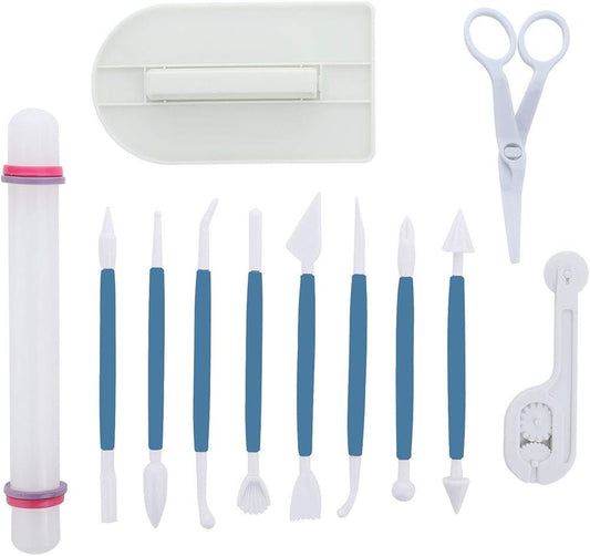 ScivoKaval Marshmallow Fondant Cake Decorating Hand Tool 12 Pcs 5 Sets Sugarcraft Gumpaste Icing Smoother Rolling Pin Trimmer Cutter Embosser Flower Scissor Modelling Accessories Supplies Kit Multi