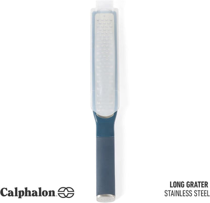 Calphalon Edge Stainless Steel Handheld Grater Lemon Zester W/Cover & Rubber Handle - Navy Blue