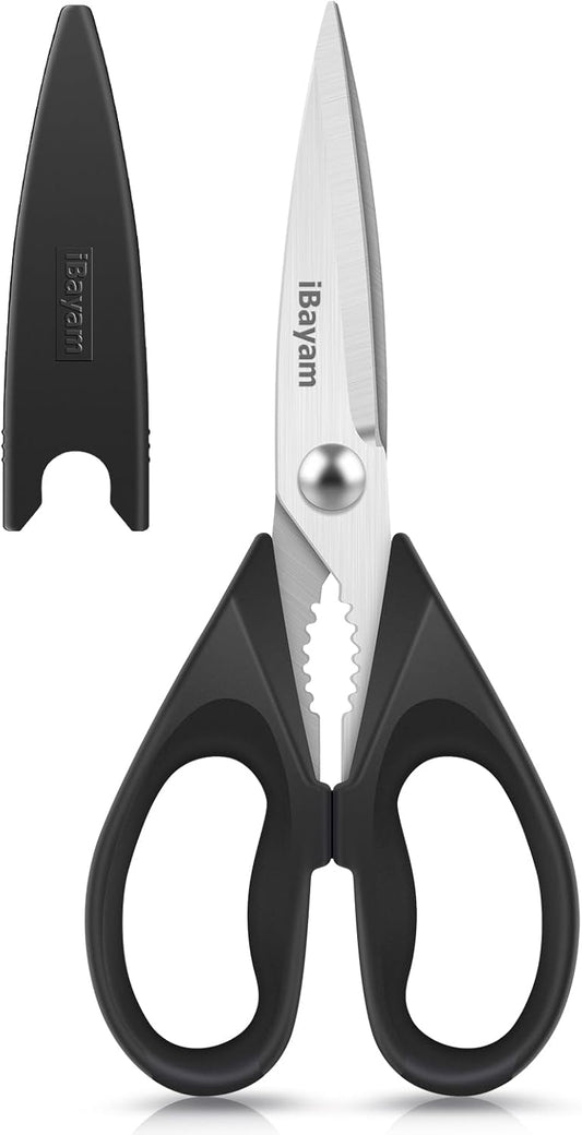 iBayam Kitchen Scissors All Purpose Heavy Duty 2 Pack with Protective Sheath, Stainless Steel Shears Kitchen Utensils Set for Cutting Food Cooking Meat Poultry Dishwasher Safe Soft Comfort-Grip