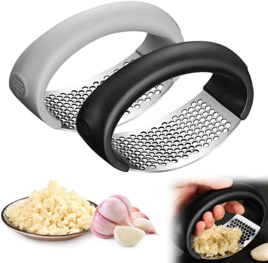 Garlic Press Rocker, Portable Manual Stainless Steel Garlic Press Rocker Crusher Masher with Garlic Peeling Drum for Home Kitchen Utensils (2 PCS)