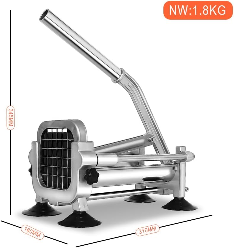 French Fry Cutter Stainless Steel, Heavy Duty Stainless Steel Manual Potato Slicer, Commercial 1/2 3/8 Inch Blades Potato Cutter with Brush, Wrench & Sucker (1/2"&3/8" cutter)