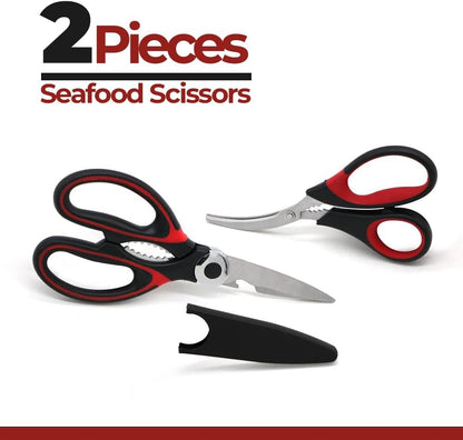 Professional Kitchen Scissors | 2-Pack Ultra Sharp Stainless Steel Kitchen Shears | Multi-Function Kitchen Scissors for Chicken, Fish, Meat, Vegetables, and Herbs (Black / Red)