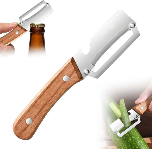 Premium Vegetable Peeler with Wooden Handle and Bottle Opener: 2-in-1 Stainless Steel Kitchen Tool for Fruit Apple Potato Pumpkin Papaya (2 PCS)