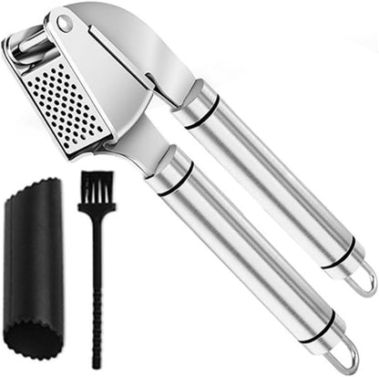 KUYRA Garlic Press Stainless Steel Set Premium Professional Garlic Mincer, Silicone Peeler & Brush, Clove Crusher, Handheld Mincer & Squeezer, Easy Clean Rustproof, Dishwasher Safe Kitchen Peelers
