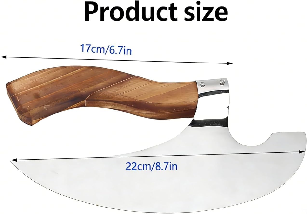Pizza Cutter Chef Pizza Axe, Camping Knives Tools Mezzaluna Ulu Knife Viking Butcher Cleaver Super Steel Wooden Handle Sharp Rocker Slicer Stainless Steel Blade (walnut wood, 8.6inch)