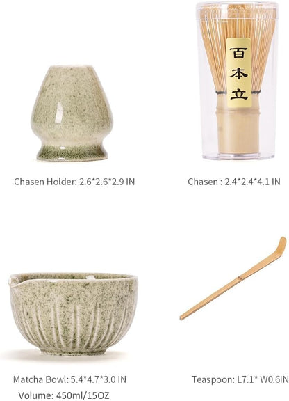 TANG PIN Matcha Set - Match Bowl and Whisk, 15 OZ, Matcha Scoop | Matcha Whisk Stand (Chasen Holder) - 4pc Perfect Matcha Kit for Matcha Tea Ceremony (Mottled Green)