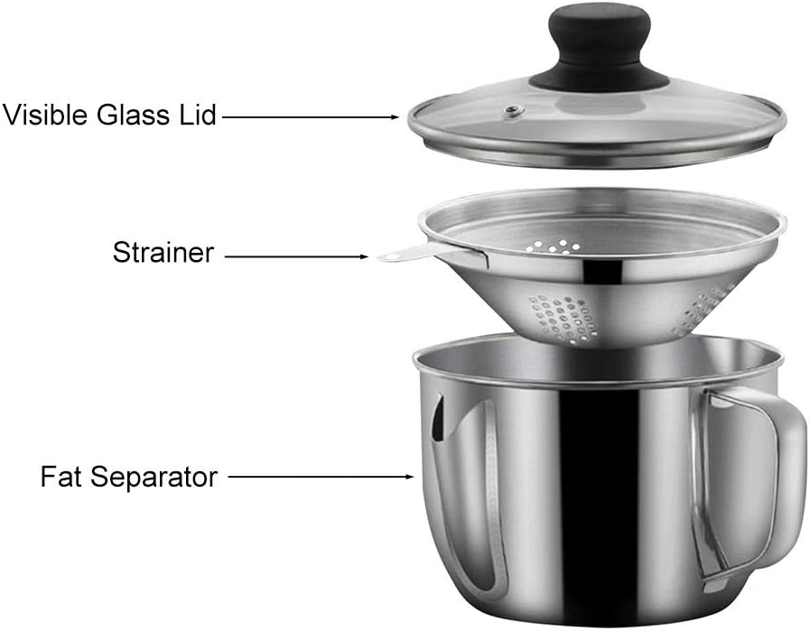 Stainless Steel Fat Separator 4 Cup/1000ML Gravy Grease Separator with Strainer and Glass Lid, Soup Oil Separator Cup for Cooking, Oil Soup Separator Strainer Pot for Kitchen (Silver)