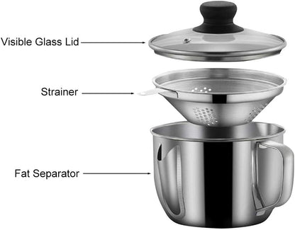 Stainless Steel Fat Separator 4 Cup/1000ML Gravy Grease Separator with Strainer and Glass Lid, Soup Oil Separator Cup for Cooking, Oil Soup Separator Strainer Pot for Kitchen (Silver)