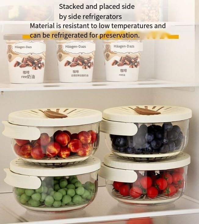 Quick Drain Fruit and Vegetable Washer Bowl with Lid, Clear Glass Container, White Perforated Cover