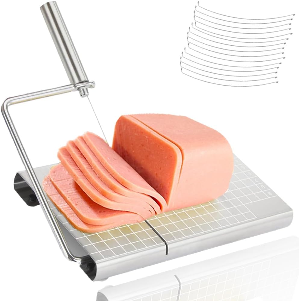 Cheese Slicer with 16 Replacement Wires, Stainless Steel Cheese Cutter Board with Precision Scale for Cutting Cheese Butter Ham Beet Boiled Eggs, Silver