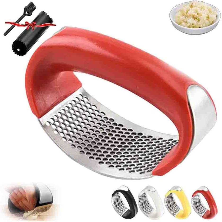 2026 New 430 Stainless Steel Ring Garlic Press – Heavy-Duty Garlic Rocker with Silicone Peeler & Cleaning Brush, Easy-Rinse Stainless Garlic Mincer Tool for Home Kitchens (Red)