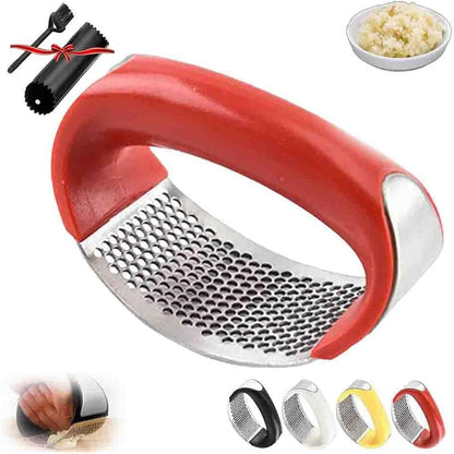 2026 New 430 Stainless Steel Ring Garlic Press – Heavy-Duty Garlic Rocker with Silicone Peeler & Cleaning Brush, Easy-Rinse Stainless Garlic Mincer Tool for Home Kitchens (Red)